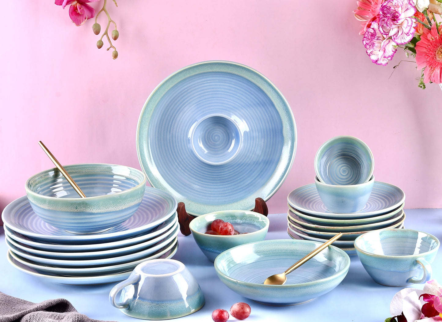 Dreamy Pastel Studio Pottery Dinner Set for 2 - 7 pieces