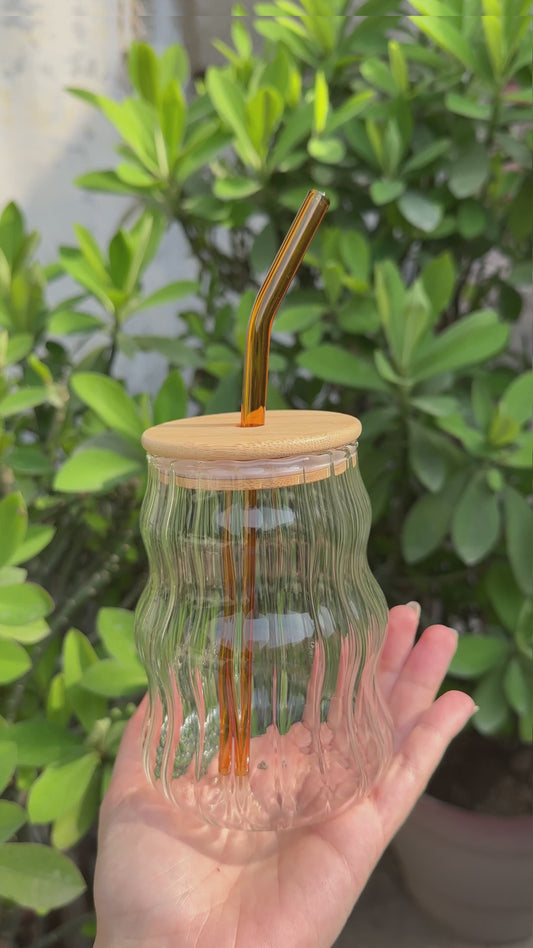 Ophelia Wavy Glass Sipper with Bamboo Lid and Glass Straw