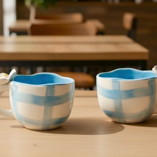 Pixie Blue 4D Plumeria Checkered Mugs - Set of 2