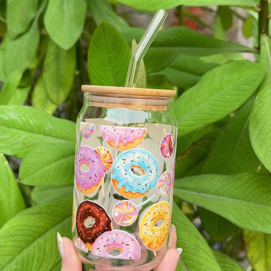 Doughnuts Ophelia Glass Sipper - with UV DTF sticker