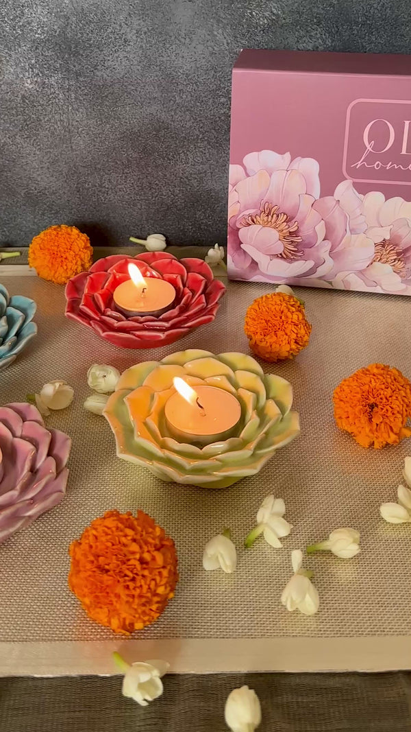 Handmade Ceramic Flower t-light holder - Pack of 6 (assorted colours)