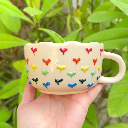 Rainbow Hearts Handmade Wide Mug